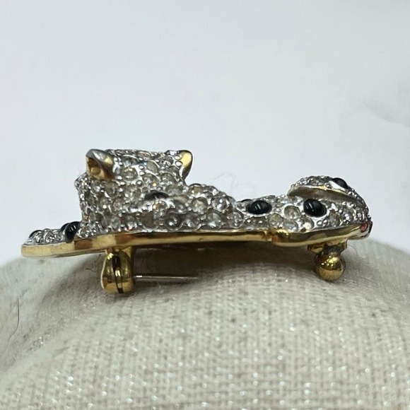 Panther Silver Gold Tone Rhinestones Black Cabochons Green Eye Brooch - Picture 5 of 16